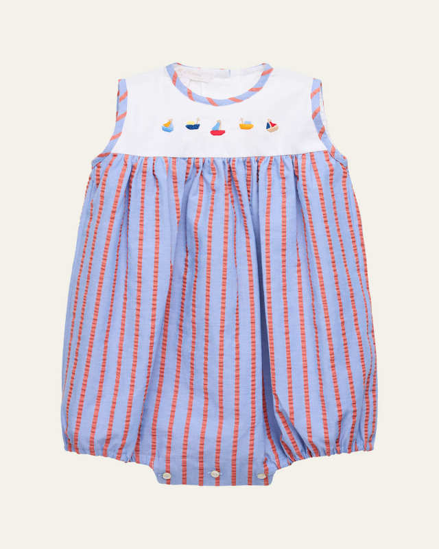 Girl's Striped Embroidered Bubble Romper, Size 3M-24